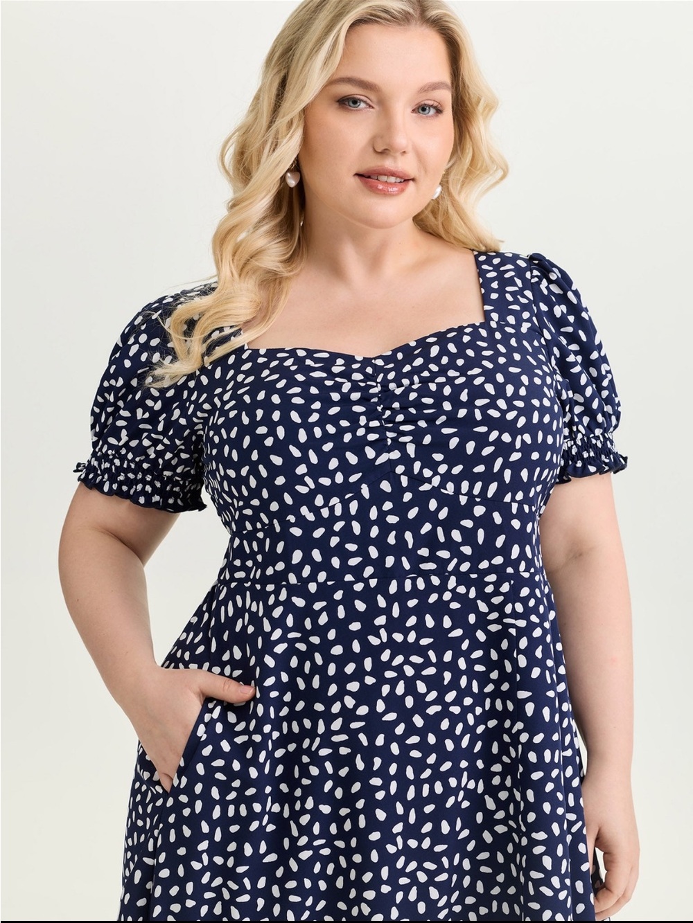 BloomChic Navy Dot Sweetheart Midi Dress with Puff Sleeves size 1X (14-16) - Picture 2 of 12